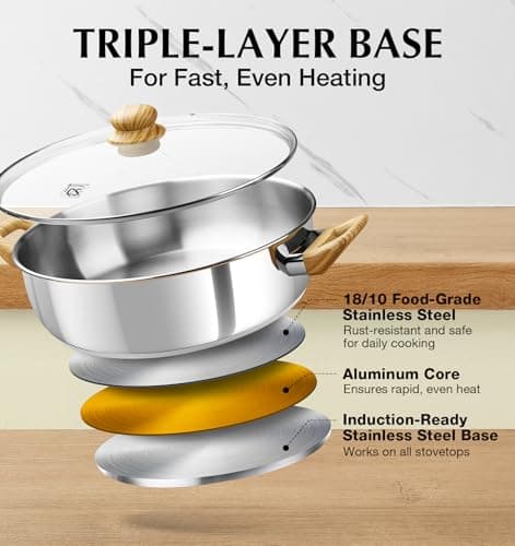 KOCH SYSTEME CS Stainless Steel Saute Pan with Lid, 12 Inch Deep Frying Pan with Double Handles, 5.5 Quart 18/10 Stainless Steel Pan with Cool-Touch Bakelite Handle, Deep Frying Pan, Induction Ready view 4