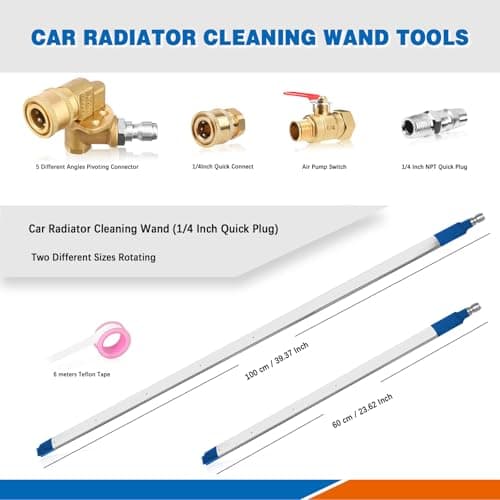 24″Radiator Cleaning Wand, Water/Air 4500PSI Pressure Washer Tool with Pressure Washer Gun Adapter, Clean Brush and Sealing Tape, Tips for Cars, Trucks, Heavy Equipment Radiator Cleaning Tool view 2