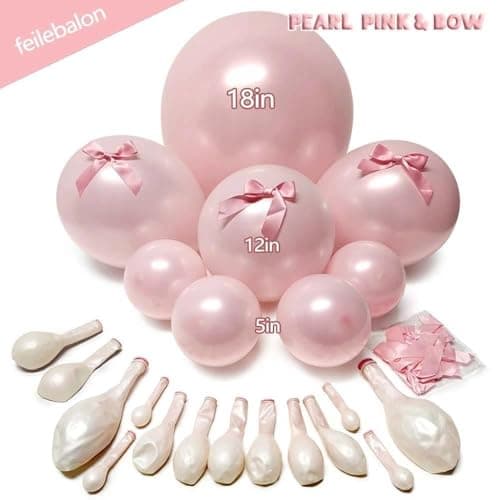 Pearl Pink Balloons Different Sizes Double Stuffed Pastel Baby Pale Pink Pearl Balloon Arch Garland Kit 18/12/5in with Bow for Bridal Wedding Birthday Baby Shower Coquette Party Decorations view 3