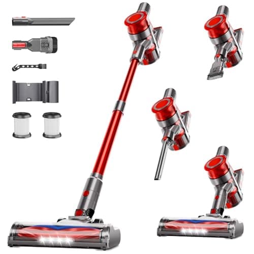 fenhua Cordless Vacuum Cleaner, Powerful Stick Vacuum Cleaner for Home with Rechargeable Battery, 6-in-1 Lightweight Handheld Vacuum, 45 Mins Runtime for Hardfloor & Carpets Pet Hair (red) view 1