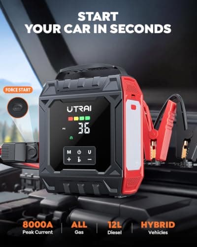 UTRAI 8000A Jump Starter with Air Compressor 160PSI,All Gas/12L Diesel, Red | Car Battery Jumper Starter, 1000LM Detachable Light, Portable Car Jump Starter, Tire Inflator, Tire Repair Kit, Power Bank view 2