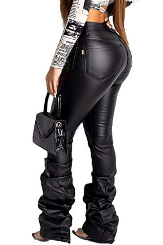 GUOLEZEEV PU Solid Middle High Waist Stacked Pants for Women Faux Leather Ruffle Ruched Bottom Leggings Pants view 3