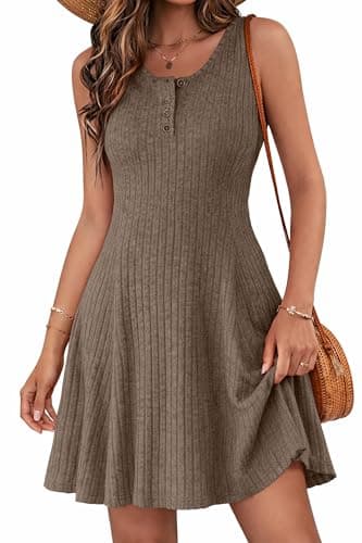 Lazysmile Summer Sleeveless Dresses for Women Crewneck Button Down Ribbed Knit A Line Casual Short Dress — image 1