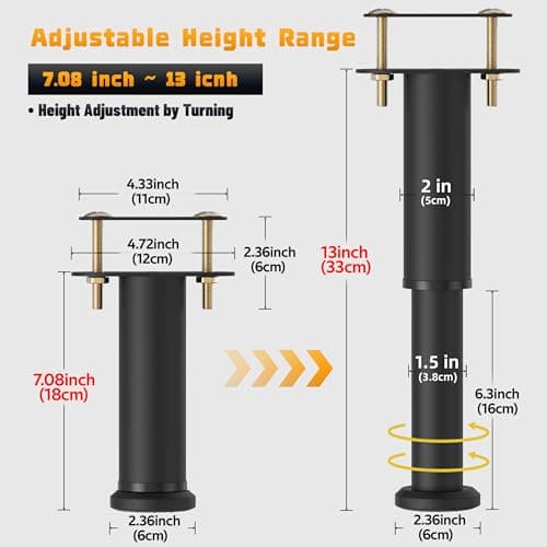 Wlrrcwdttc 4 Pcs Adjustable Height Bed Support Legs 7.08-13 inch, Bed Frame Center Support Legs for Bed Frame/Bed Center Slat/Furniture, Heavy Duty Metal Bed Replacement Legs Bed Slats Support Legs view 2