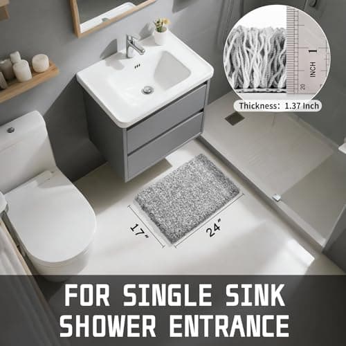 Yimobra Bathroom Rugs Non Slip Washable, Ultra Soft and Water Absorbent Bath Mats, Fluffy Shower Mat Outside, Plush Matts for Bathroom Floor/Sink, 24x17, Home Decor Accessories, Light Gray and White view 6