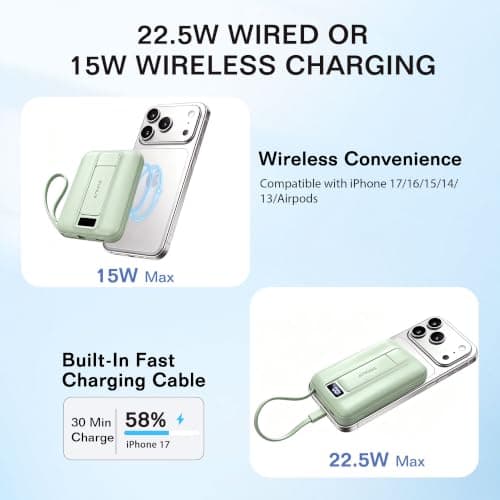 Magnetic Power Bank 10000mAh, Fast Charger with Built-in USB-C Cable(Green) view 2