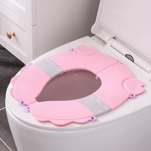 Portable Potty Training Seat，Upgraded Non-Slip-Anti pinch buttocks, One-handed Removal Folding Travel Potty Seat for Toddlers & Kids, 6 suction cups firmly adhere, Fits All Shape Toilets(Pink) — image 1