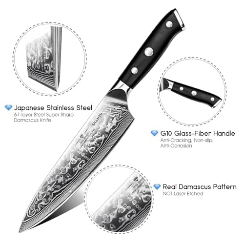 SHAN ZU Damascus Knife Set, Japanese Super Steel 3 PCS Damascus High Carbon Professional Ultra-Sharp Kitchen Chef Knife Set with G10 Handle Gift Box view 4