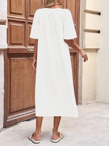 Wenrine Womens Flutter Short Sleeve Maxi Dress Casual V Neck Side Slit Pleated Loose Flowy Summer Dresses view 4