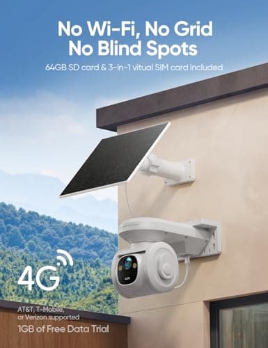 4G LTE Cellular Security Cameras Wireless Outdoor, 2.5K No WiFi Solar Powered Surveillance Camera for Home Security, PTZ AI Tracking Color Night Vision, SIM/64GB SD Card, Coldproof, AOR 24/7 Recording view 2