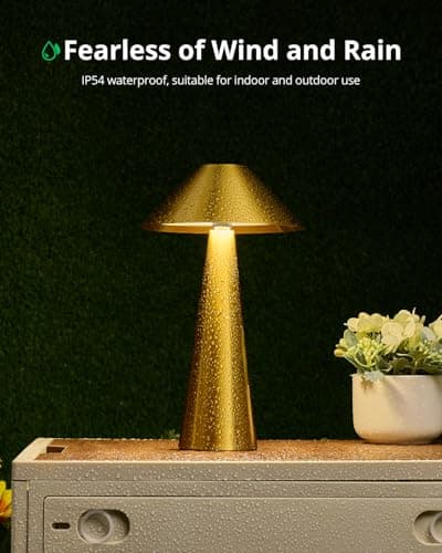 Bojim 2 Pack Rechargeable Cordless Table Lamp, Gold LED Battery Operated Wireless Table Lights, Touch for Color Changing Dimmable, IP54 Waterproof for Restaurant, Dining, Outdoor, Patio, Outside view 6