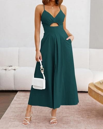 BTFBM Women 2026 Spaghetti Strap Midi Summer Dresses Sleeveless V Neck Cutout Slit Casual Beach Party Maxi Dress Pockets view 6