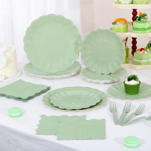 96 Pcs Sage Green Paper Plates and Napkins Party Supplies Serve 24 Guests Include Scalloped Dinner Plate 9.5", Dessert Plate 7.5", Napkins Plastic Forks for Baby Bridal Shower Wedding Birthday view 2