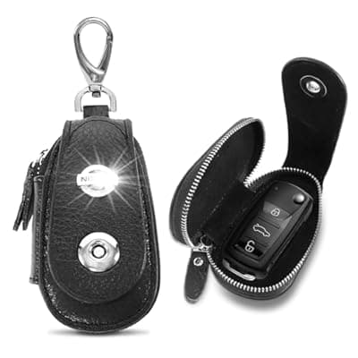 SKvoen Black Genuine Leather Car Key Pouch Fob Case for Universal Car Keys Cover, Key Chain Keychain Holder Metal Hook and Keyring Zipper Bag for Remote Key Fob
