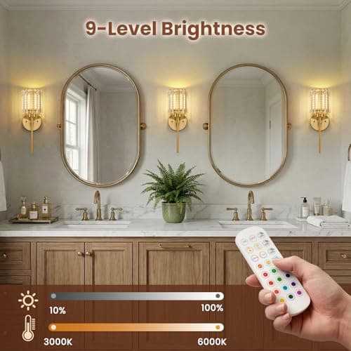 Crystal Battery Operated Wall Sconces, Brushed Gold Rechargeable Wireless Wall Sconce Lights with Dimmable Bulbs and Remote, 12 Colors and 3CCT Dimmable Crystal Lamps for Living Bedroom, 3000~6000K view 5