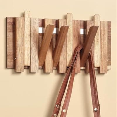 LOTOFUN Wall Coat Rack for Entryway: Farmhouse Wooden Folding 6 Hooks Mount 10.4inch Rustic Decorative Minimalist Piano Hanger for Apartment Office Small Space for Towel Backpack Jacket