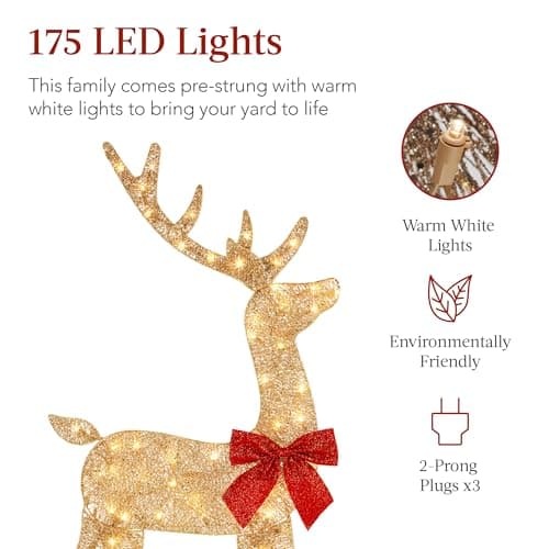 Best Choice Products 4ft 3-Piece 2D Lighted Christmas Deer Family Set, Large Outdoor Yard Reindeer Holiday Decoration with 175 LED Lights, Stakes, Zip Ties - Gold view 4