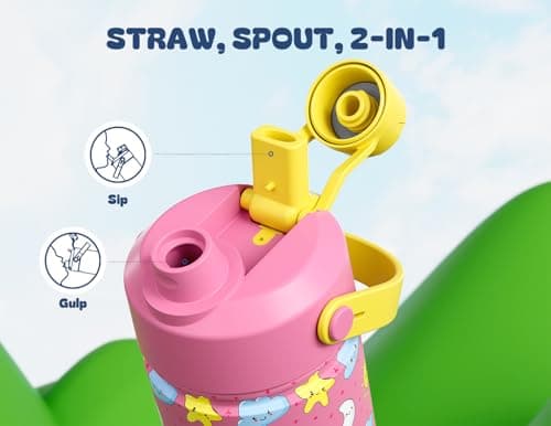 12 oz Kids Water Bottle for Girls: Leakproof, BPA-Free, Durable Straw Spout Lid, 24H Cold, Cute Patterns, Insulated Stainless Steel Cup with Carrier Bag for School, Trip, Camping, Daily (Sunny Dreams) view 6