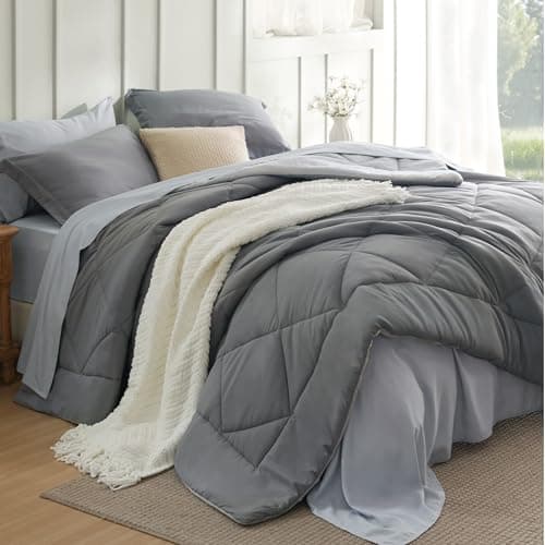 Bedsure Full Size Comforter Set - 7 Pieces Reversible Grey Bedding, Full Size Bed Set for All Seasons, Bed in a Bag with Down Alternative Comforter, Sheets, Pillowcases & Shams view 1