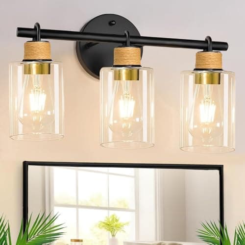 Joylen Bathroom Light Fixtures,3-Light Matte Black Vanity Light with Clear Glass Shade,Farmhouse Bathroom Lighting Fixtures Over Mirror,Wall Sconces for Bedroom Kitchen Cabinet Living Room Hallway — image 1