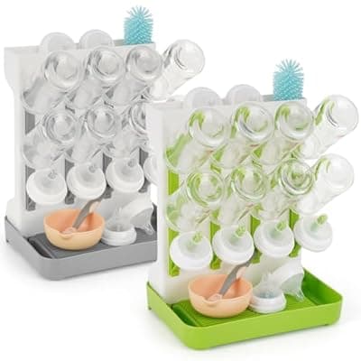 Flysich Baby Bottle Drying Rack, 2PCS Space Saving Baby Bottle Organizer for Countertop, Vertical Bottle Dryer Holder with Brushes Holder, Large Bottle Storage Holder 12 Bottles & Baby Accessories
