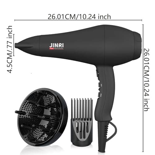 JINRI Ionic Hair Dryer with Diffuser & Comb and Concentrator, Lightweight Quiet Infrared Blow Dryer, Powerful 1875 Watt Motor for Smooth and Fast Drying Hair, Black view 2