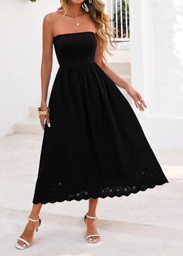 Lazysmile Summer Boho Maxi Dress for Women Strapless Tube Top Lace Trim A Line Beach Casual Long Dress view 4