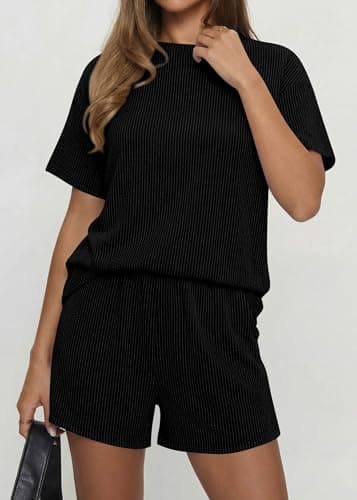 KIRUNDO Two Piece Sets for Women Dressy Casual Ribbed Knit Short Sleeve Top Matching Shorts Lounge Set 2026 Summer Outfits view 4
