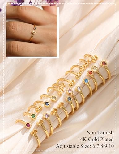 ZNBOH Gold Birthstone Initial Rings for Women Non Tarnish Dainty 14K Gold Plated Adjustable Letter Ring for Women Stackable Cute Thumb Pinky Fashion Unique Open Simple Birthday Gifts Jewelry view 3