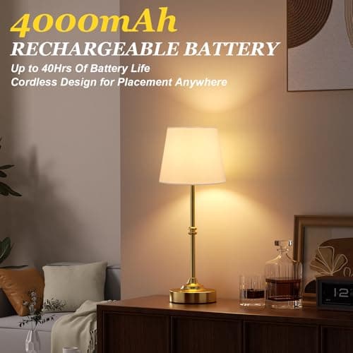 Kakanuo Rechargeable Cordless Table Lamp Gold - 1 Pack Brass 4000mAh Battery Operated Lamp, 3000K Warm Light, Touch Control Stepless Dimming, for Bedside, Dining Table, Home Decor view 3