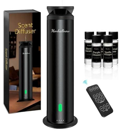 Monhallnow Waterless Scent Diffuser Starter Kit – 1000 Sq Ft Coverage, Suitable for Home & Hotel Series Diffuser, Includes 5 Scent Oils, Remote Control, Large Room Essential Oil Diffuser, Ultra Black