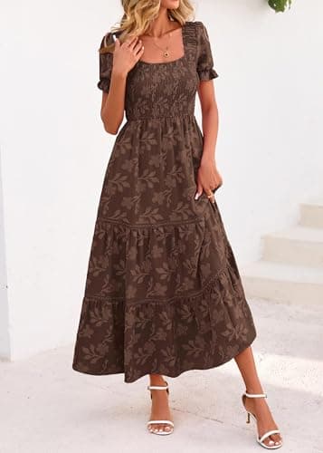 Lazysmile Women's Summer Boho Floral Maxi Dress Short Sleeve Square Neck Smocked Ruffle Elegant Wedding Guest Dress view 6