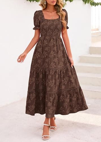 Lazysmile Women's Summer Boho Floral Maxi Dress Short Sleeve Square Neck Smocked Ruffle Elegant Wedding Guest Dress view 3