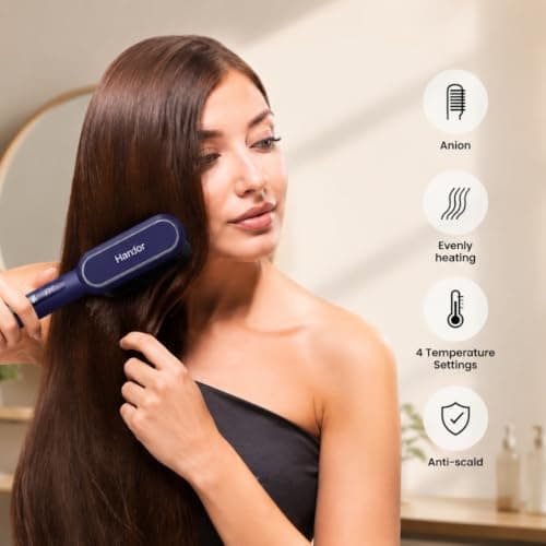 Handor Ionic Hair Straightener Brush, Anti-Scald Hot Brush with 9 Heat Settings 250-410F LED Display, Dual Voltage Hair Straightening Brush for Curly Thick Hair, Travel Kit view 5