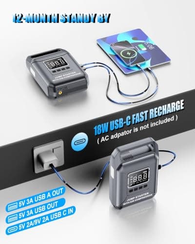 Car Battery Jump Starter with Air Compressor Portable 8000A 160PSI | Jumper Starter for Car (All Gas/14L Diesel), Tire Inflator Portable Air Compressor with EVA Case, 800 Lumen LED Light view 5