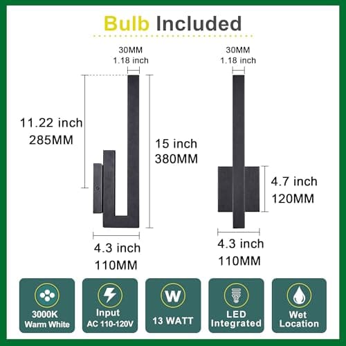 Tarentlight 15" Ht Modern Minimalist Linear Outdoor Wall Light,3000K 13W Integrated LED,Textured Black Anti-Rust Metal,Wet Rated for Exterior House, Porch & Patio,Garage,Yard Front Door,Garden. view 4