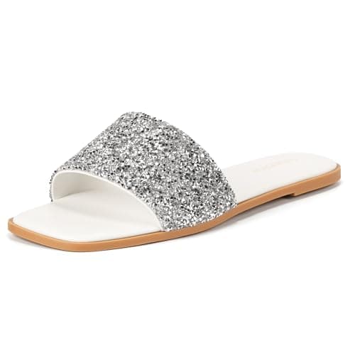 SKETOE Womens Sparkly Rhinestone Sandals Square Open Toe Sandal Slip on Summer Flat Sandals for Beach Wedding Holiday Shopping view 5