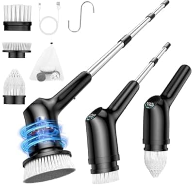 Shower Scrubber with Long Handle for Cleaning Bathroom, Electric Spin Scrubber Cleaning Brush with IPX7 Waterproof & 2Speed, 3Brush Heads, Bathroom Cleaning Supplies for Shower Tub Tile Toilet, Black
