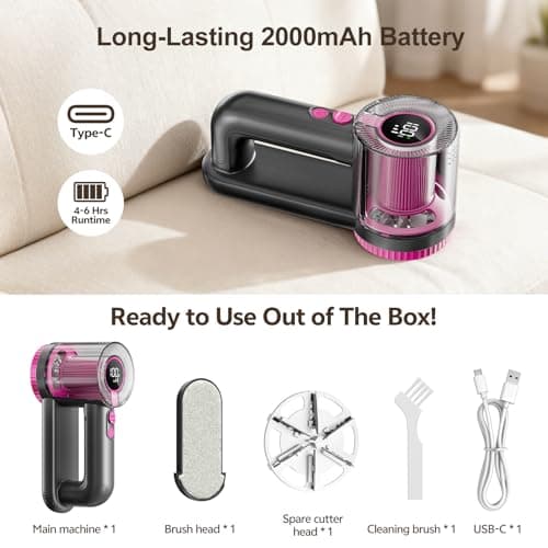 Rechargeable Fabric Shaver, 2-in-1 Lint Remover for Clothing, Furniture, Sweater with 6-Blade, 200ml Container, LED Display, 2000mAh USB-C, 3-Speed Lint Shaver Eliminates Fuzz & Pilling view 6