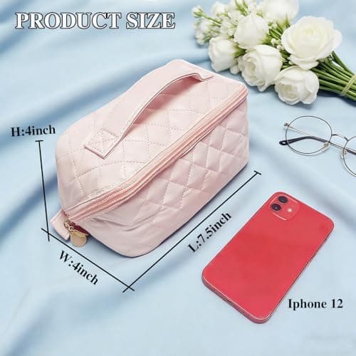 STOMKIRE Pink Soft Leather Small Makeup Bag for Purse Small Makeup Pouch Cute Cosmetic Bag Mini Travel Toiletry Bag Quilted Lay Flat Make up Bag for Women view 4
