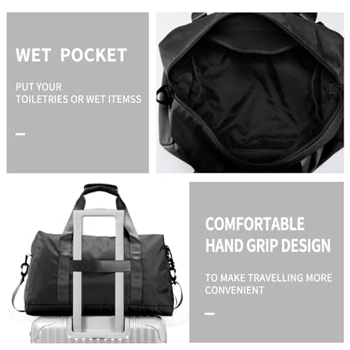 Travel Duffle Bag,Sport Gym Bag for Men And Women with Wet Pocket,Weekender Bag Carry On Tote Bags for Airplane (Black, M) view 3