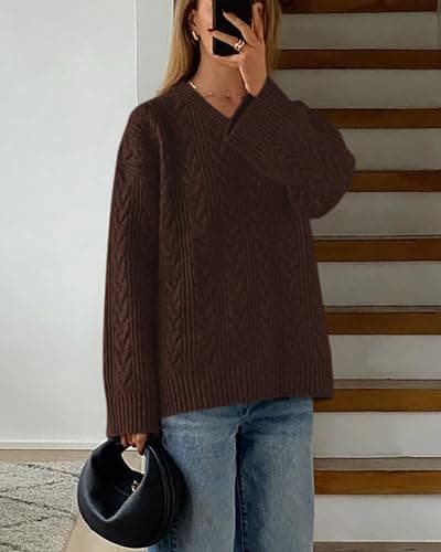 Okiwam Women's Oversized Sweaters Long Sleeve V Neck Cable Knit Pullover Tops Fall Outfits Spring Fashion Clothes 2026 view 5
