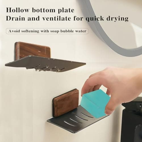 Wooden Soap Dish for Shower Wall Self Draining Square Soap Holder with Metal Drain Hanging Soap Dish for Shower view 5