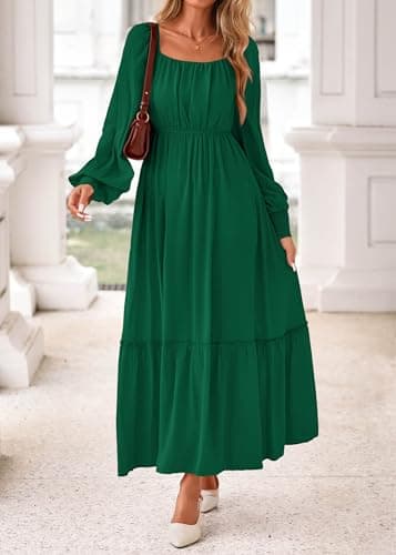 KIRUNDO Casual Fall Dresses for Women 2026 Flowy Long Sleeve Maxi Dress Smocked Empire Waist Square Neck Wedding Party view 6