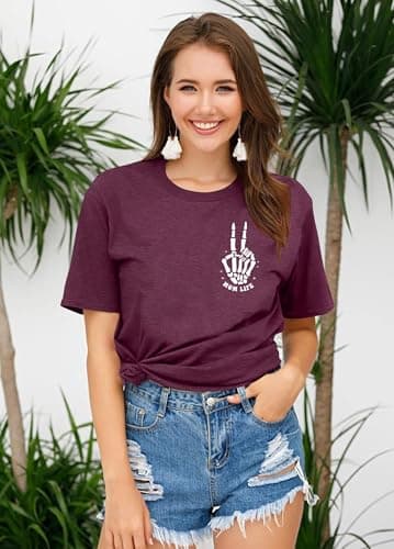 Ithalt Womens Mama Shirt Mom Life Shirts Skeleton Mother Printed T-Shirt Rock and Roll Short Sleeve Tops view 3