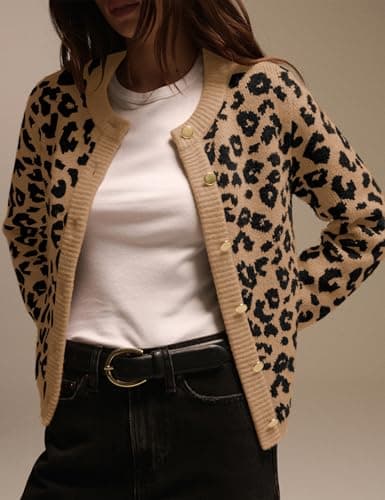 ACCPUR Leopard Print Cardigans for Women Cheetah Open Front Sweaters Button Down Knit Fall Clothes Long Sleeve Outwear Coats view 2