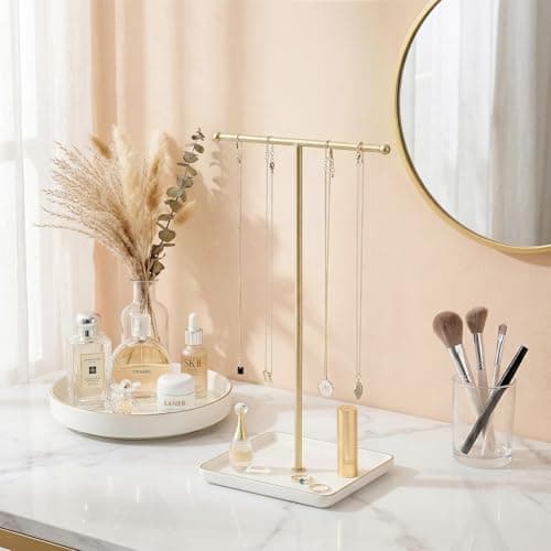Necklace Holder Stand with Ceramic Tray, 13.78" Tall T Bar Jewelry Organizer for Tangle Free Storage, Gold Necklace Holder for Bracelets Rings, Vanity Dresser Room Decor, Gift for Women Girls view 3