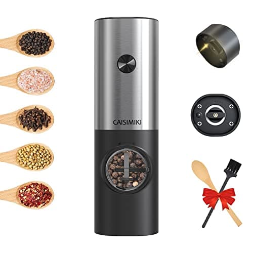 CAISIMIKI Electric Salt or Pepper Grinder Battery Operated, Automatic Salt and Pepper Mill Grinder Shakers with LED Light, Adjustable Coarseness, Include Brush and Spoon, Stainless Steel 1 PACK — image 1