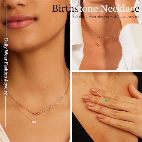 ZNBOH Birthstone Necklace for Women Dainty Trendy 14K Gold Plated Emerald Couple Necklaces Simple Green Diamond Pendant Choker Blue Cute Cubic Zirconia Jewelry for Women Mothers Birthday Gifts view 6
