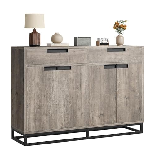 CABIHOME 55" Sideboard Buffet Cabinet, Modern Farmhouse Sideboard, Kitchen Storage Cabinet with 2 Drawers and 4 Doors, Wood Coffee Bar Cabinets with Adjustable Shelf for Kitchen and Dining Room, Gray